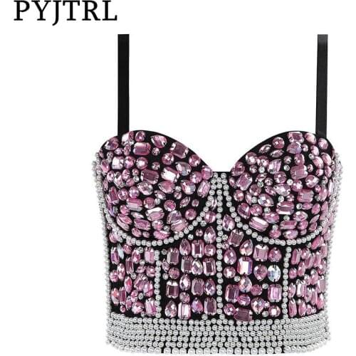 PYJTRL Sexy Ladies Heavy Crystals Beaded Camisole Handmade Luxurious Tights Womens Night Club Belly Shaping Top Camisetas Mujer