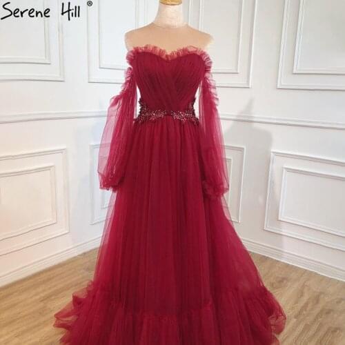 Serene Hill Wine Red Simple Sexy Evening Dresses Gowns 2021 Long Puff Sleeves Lace Up For Women Party Dress HA2443