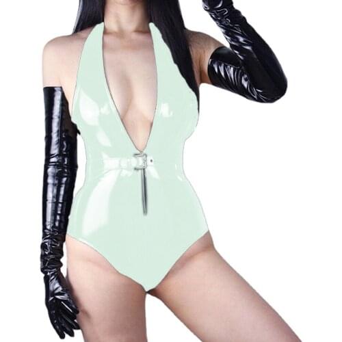 Sexy Sleeveless v-neck Halter Bodysuit Slim 2021 Wet Look Leather PVC Streetwear Party Club Body Bodysuit Set fashion Jumpsuit