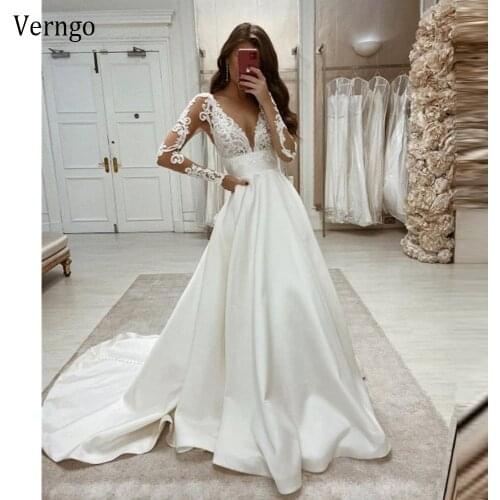 Verngo 2021 Vintage A Line Lace And Satin Wedding Dress Long Sleeves V Neck Applique Bride Gowns Sheer Button Back Sweep Train