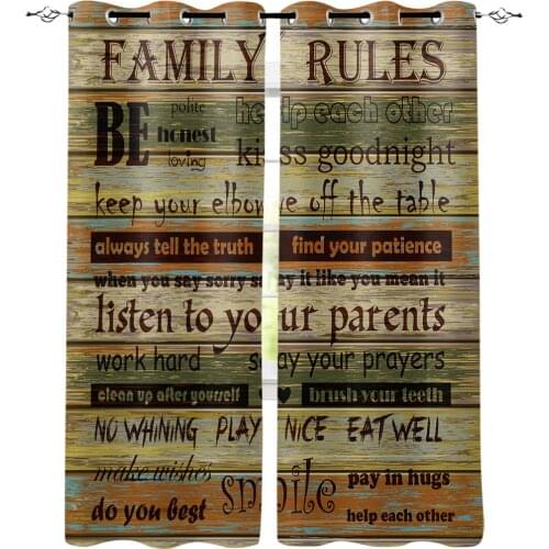 Family Rules Vintage Wooden Board Texture Window Curtains LivingRoom Kitchen Curtains Left and Right Biparting Open