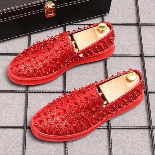 Rivets Decor Men Shoes Metal Rhinestones Luxury Brand Red Bottom Shoes Men Casual Flat Shoes