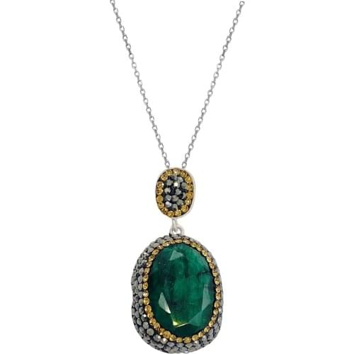 Green Emerald Natural Stone Silver Women Necklace Midyat Silver