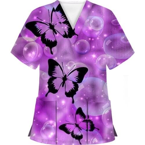 Womens Fashion Short Sleeve Butterfly Printed V-neck Double Pockets Nurse Tops Женские Футболки T-paita Mujer Camisetas #T2G
