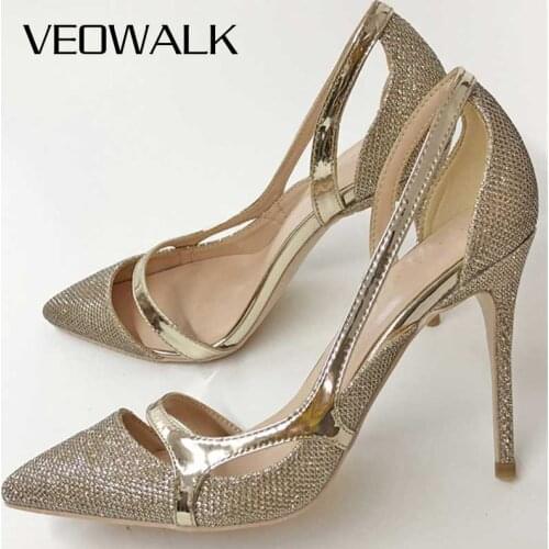 Veowalk Gold Glitter Women Sexy D'Orsay High Heels Ladies Bride Wedding Shoes Shiny Sparkle Pointed Toe Stiletto Pumps