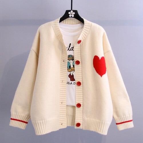 Sweet Chic Love Heart Pattern Long Sleeve Cardigan Coat Japan Style V Neck Single Breasted Sweater Elastic Knit Women Tops