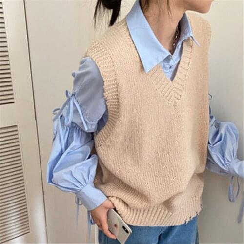 2021 Girls Clothes Fashion Women Knitted Vest Pullovers V Neck Sleeveless Knitted Jumper Pullovers Korean Loose Sweater Vest