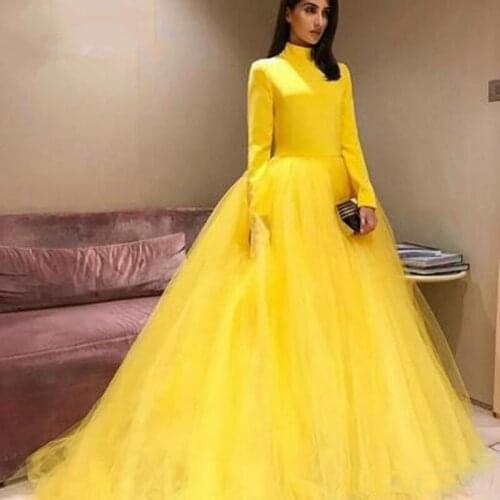 Beautifulinwhite 2019 Yellow Ball Gown Prom Dresses High Neck Long Sleeves Tulle Elegant Evening Party Dress Vestidos BP0429