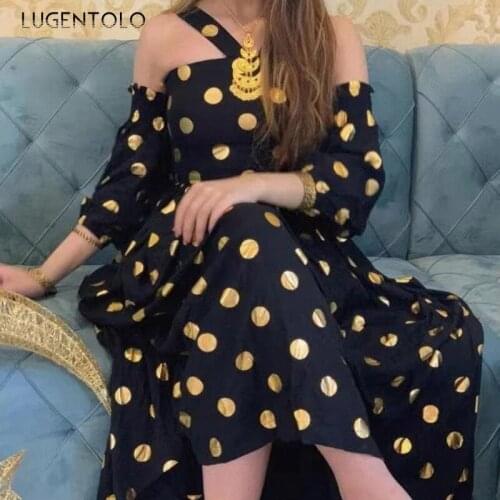 Women Party Sexy Dress Long Sleeve Halter Dot Print Dresses Female Loose Big Swing Elegant Princess Long Dress