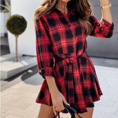 Autumn Vintage Long Plaid Shirt Dress Women Casual Loose Long Sleeve Turn Down Buttons Shirts Blouses with Belt Dresses 2021