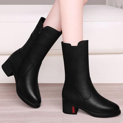 Genuine Leather Snow Boots mid calf Thick heel short boots 2021 new autumn winter Ankle boots womens boots cotton shoes plush