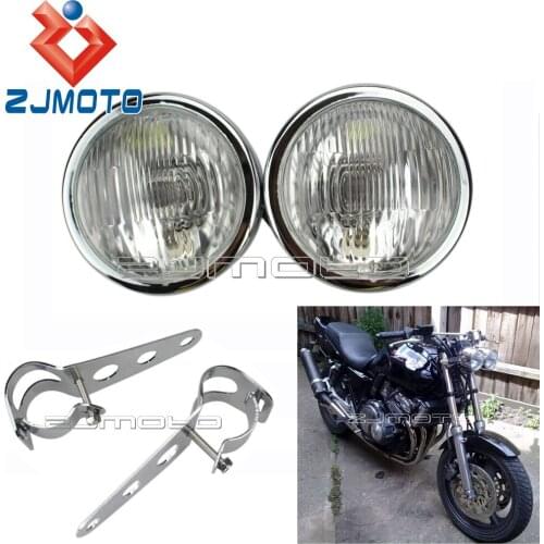 ZJMOTO Chrome Motorcycle Twin Headlight Backroad Choppers Cafe Racer Dominator Twin Headlights Custom Head Lamps Hight Low Beam