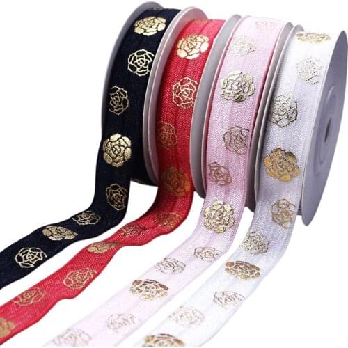5/8" Gold foil Rose FOE elastic fold over elastic for Valentine design welcome custom printed