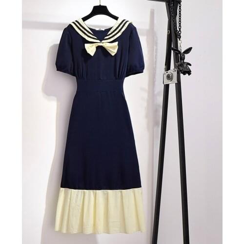 5XL 6XL 2020 summer women patchwork plus size dress sailor collar bow short sleeve long dresses elegant JC148