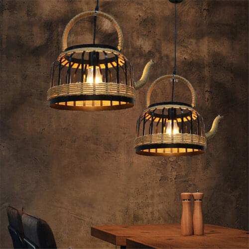 American retro hemp rope teapot pendant lights for coffee store dining room loft hanging lamp suspension luminaire industrial