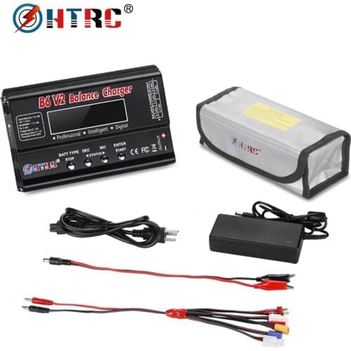 HTRC Battery Balance Charger B6 V2 80W RC Discharge with Adapter+ 8 in 1 Cables + LiPo Safe Battery Guard Explosion Proof Bag