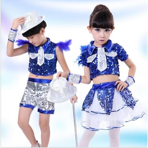 Free shipping,gold blue children girl boy performance Paillette sequined Hip hop Jazz modern dance suit costume skirt clothing