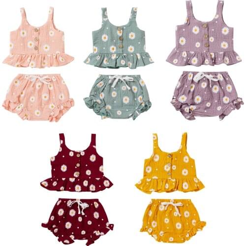 FOCUSNORM Summer Lovely Infant Kids Girls Clothes Sets 2pcs Sunflowers Print Sleeveless Single Breasted Vest Tops Shorts 5 Color