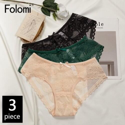Folomi 3 Pcs /Pack! Sexy Women Lace Panties See-Though Female Underwear Floral Briefs Comfort Lingerie Size S-XXL