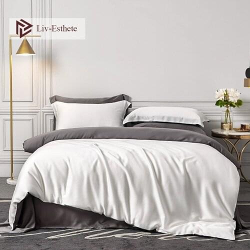 Liv-Esthete White Gray 100% Silk Beauty Bedding Set 25 Momme Queen King Duvet Cover Bed Sheet Fitted Sheet Pillowcace For Sleep