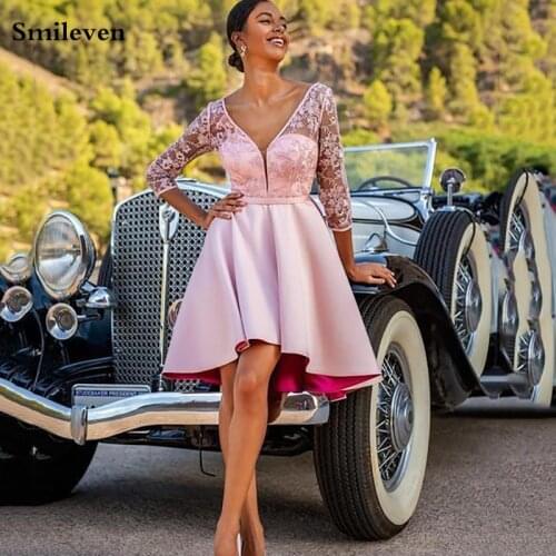 Smileven Lace Pink Short Homecoming Dresses 3/4 Long Sleeve Girl Graduation Dress Knee Length Illusion Back Prom Party Gowns