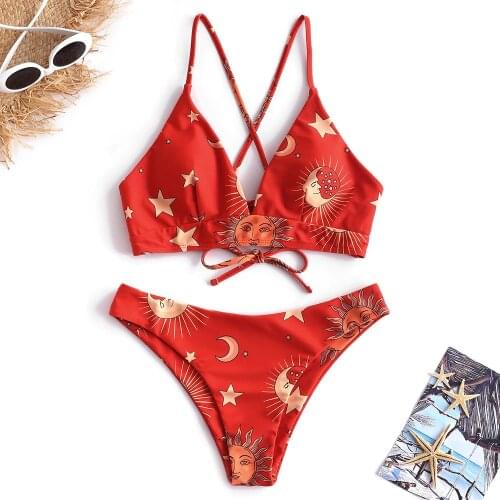 Star Sun Moon Printed Lace Up Bikini Set Spaghetti Straps Wire Free Swim Suit Women Summer Bathing Suit High Cut Padded Swimwear