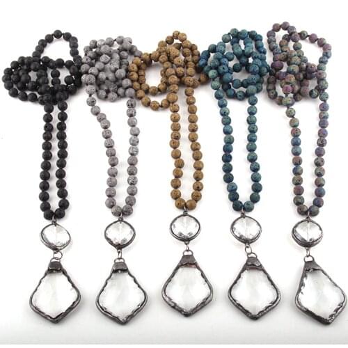 Fashion Bohemian Tribal Jewelry Lava Stones Long Knotted Glass Maple Leav Pendant Necklaces Women Necklace Dropship