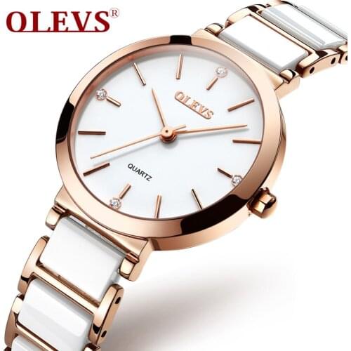 OLEVS Women Watches White Ceramic New Fashion Simple Hardlex Dial Ladies Dress Watch Waterproof Quartz Wristwatch L-5877T