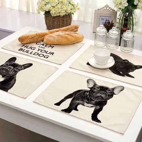1Pcs French Bulldog Dog Pattern Placemat Dining Table Mat Cotton Linen Drink Coaster Cup Mat Kitchen Accessories