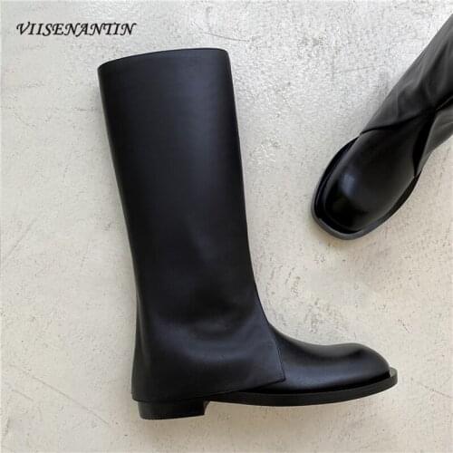 Thick-soled Trousers Boots Fashion Fried Street Knight Boots Autumn and Winter Round Toe Flat But Knee High Cowhide High Boots