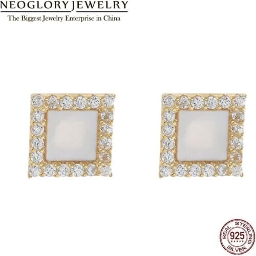 Neoglory S925 Sterling Silver Square Shell Earrings For Women Trendy AAA Zircon Small Ear Accessories For Daily Wear Gift
