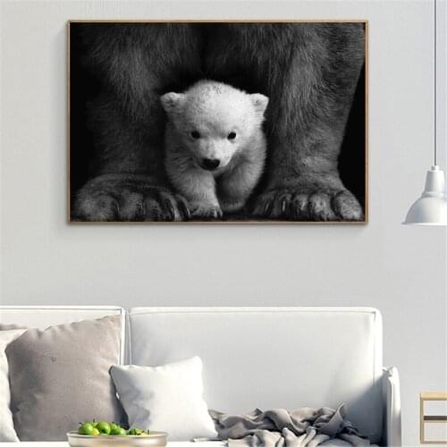 Modern Black And White Animal Print Poster Guarding Polar Bear Baby Canvas Painting Home Decor Living Room Wall Art Pictures