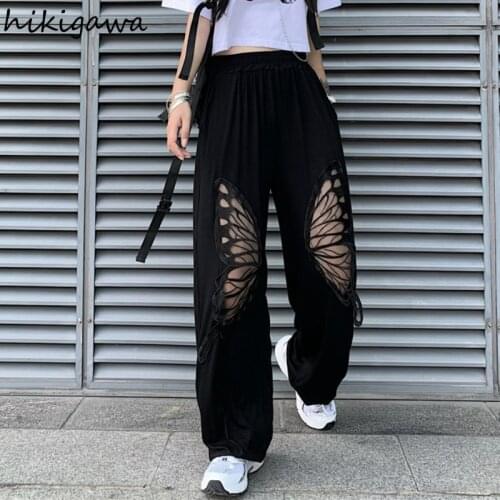Hikigawa Plus Size Clothes Sweatpants Hollow Out Gauze Butterfly Trousers for Female Vintage Korean Women Pants Gothic Joggers