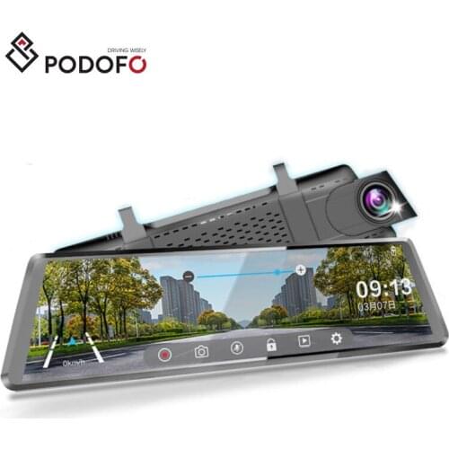Podofo 10" Full Mirror Touch Screen Dual Lens FHD 1080P Car DVR 1:1 Split Rear View Monitor Camera Automobiles Drive Recorder