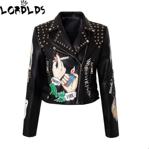 LORDLDS Leather Biker Jacket Women Forget Me Printed Motorcyle Punk Graffiti Outerwear Studded Outfit