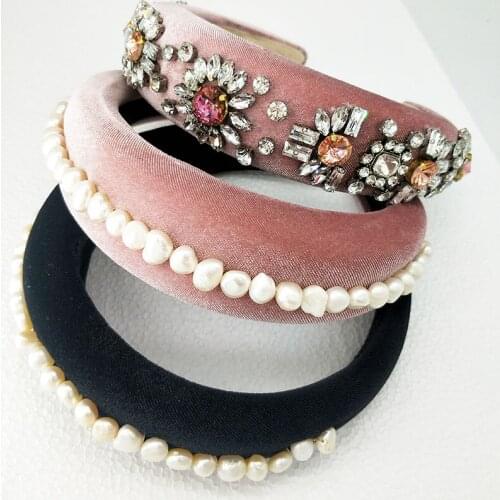 2019 Women Padded Wide Sponge Real Pearl Headband Glitter Velvet Sweet Candy Color Hair Hoop Vintage Party Stretchy Thick Headp