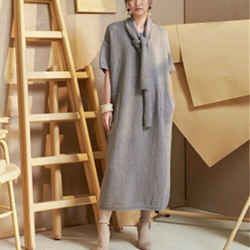 100% hand made pure wool knit women streetwear loose scarf collar half sleeve long pullover sweater one&over size