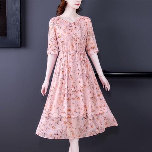 2021 Spring Floral Mulberry Silk Beach Midi Dress Summer Vintage Casual Print Chiffon Dress Women Elegant Bodycon Party Vestidos