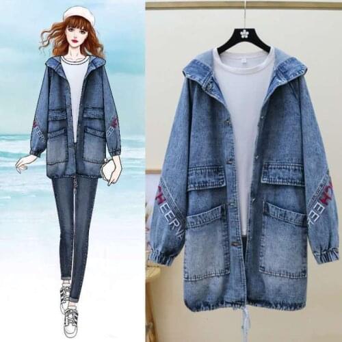 Fat Mm Medium Length Denim Jacket Womens Loose Versatile Autumn Large Loose Hooded Casual Fashion Harajuku Plus Size Coat