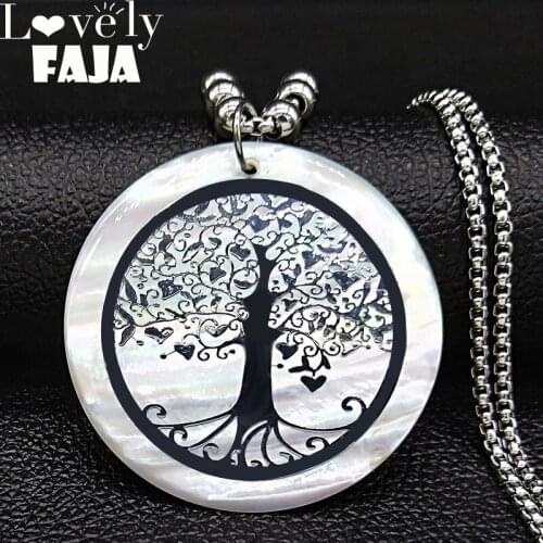 2021 Tree of Life Shell Stainless Steel Big Long Necklaces for Women Silver Color Necklace Bead Jewelry gargantilla N19246