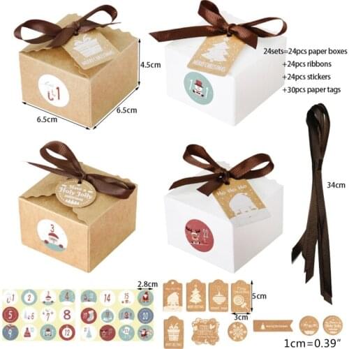 69HC 24 Sets Christmas 1-24 Advent Calendar Kraft Paper Candy Box with Tags Stickers Ribbon Gift Storage Decoration