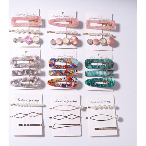 3 Pcs/set Alloy Acrylic Hair Clip Geometric Barrette Pearl Hair Pin Leopard Hair Pins Women Hair Jewelry Accessories