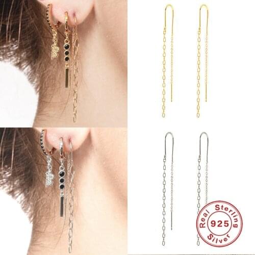 GS 925 Sterling Silver Long Chain Tassel Threader Earrings Colored Zircon Snake Padlock Key Pendant Dangle Earrings Jewelry