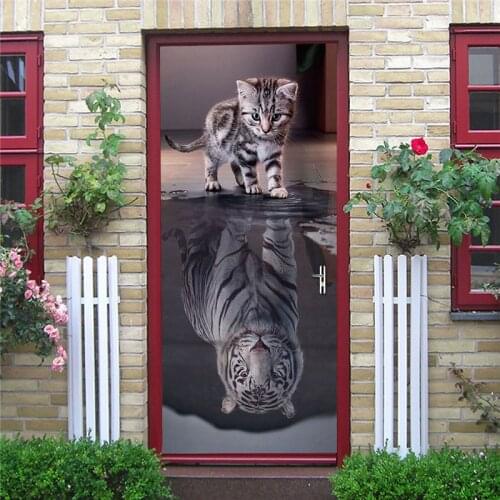 Door Stickers Home Decor Door Wrap Wall Sticker Mural Wallpaper Poster Self Adhesive PVC Removable Waterproof Door Decal Tiger