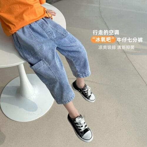 2021 Summer Boys Pants New Solid Jeans Elastic Denim Calf Length Casual Style Childrens Clothing Autumn 4-14 Years Old