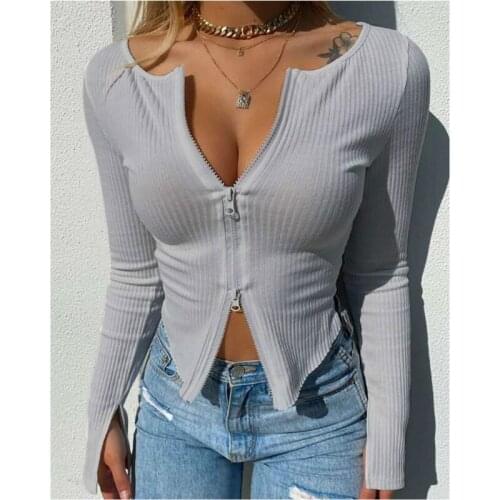 T Shirt Women Clothes Autumn Sexy V Neck T-shirt Crop Top Long Sleeve Woman Tshirts Solid Color Tops