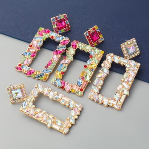 Geometric Paved Colorful Crystal Accent Open Rectangle Drop Earrings Brilliant Women Boutique Banquet Jewelry Wholesale