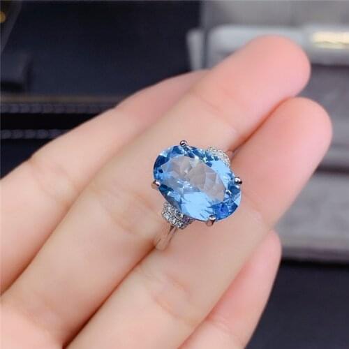 WEAINY 9 Carat Natural Topaz Ring,S925 Sterling Silver Ring,10*14mm Blue Gemstone Ring,Simple Ring,Engagement Ring