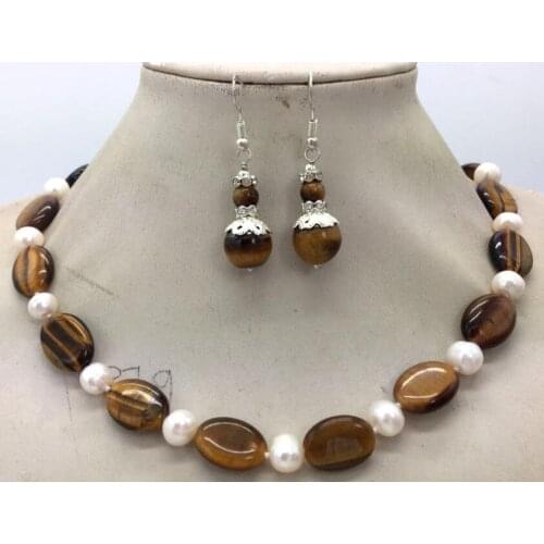 Fashion Oval Yellow Tigers Eye + White Round Pearl Necklaces 18" Earrings Set