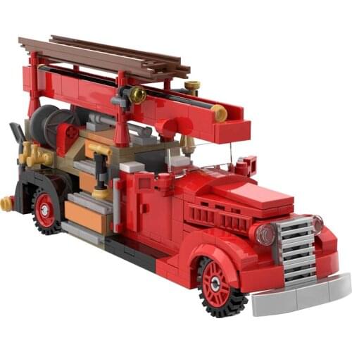 MOC Retro Car V8-85 Fire Truck Building Blocks Kit Town Fire Engine Fireman Vehicle Bricks Model Toys For Children Birthday Gift